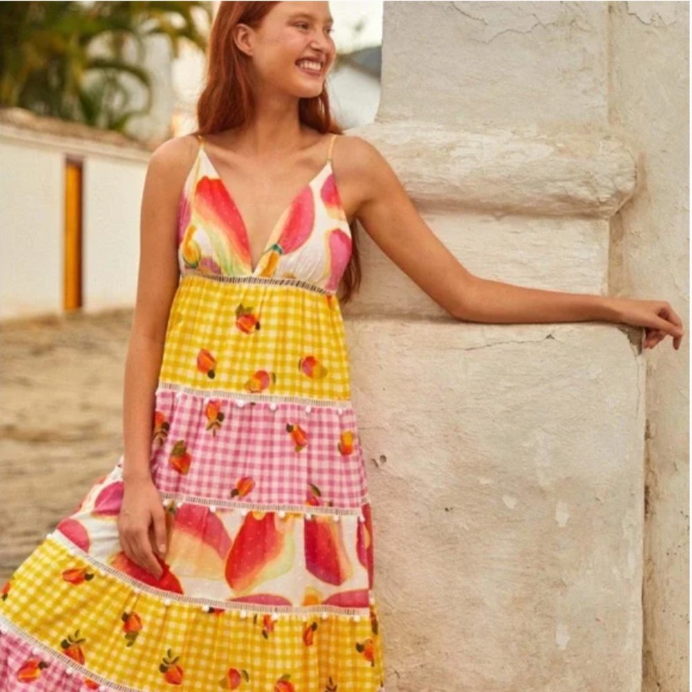 Farm Rio Mixed Picnic Cashew Dress Women's S Maxi Colorful Adjustable Halter - Picture 1 of 13